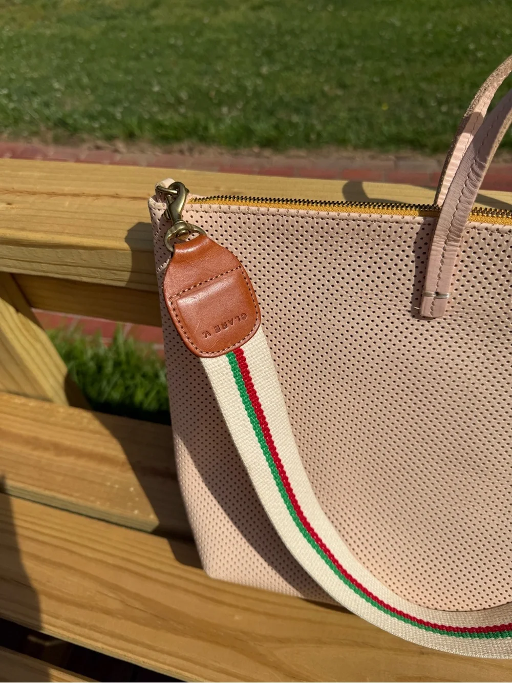 Clare V Blush Pink Perforated Tote with Striped Shoulder Strap - Picture 14 of 14